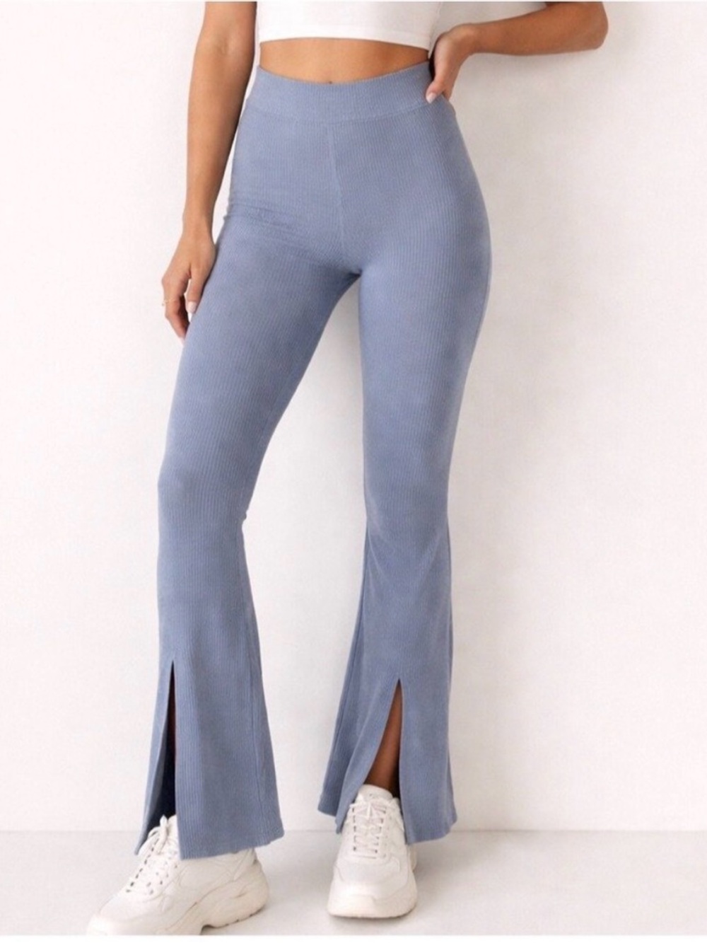Abercrombie & Fitch High Waisted Ribbed Kick Flare Sweater Pants Blue/Gray NWOT